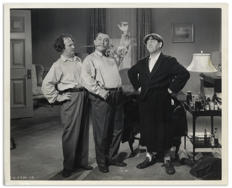 Lot of Five 10 x 8 Glossy Photos From The Three Stooges 1944 Film Idle Roomers and the 1945 Film Idiots Deluxe -- Very Good Condition